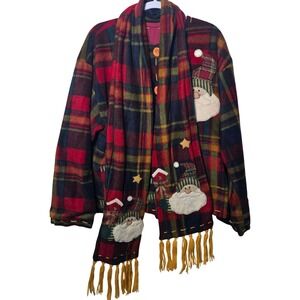 Vintage Style Plaid Santa Christmas Jacket and Scarf Set Red Green Large XL